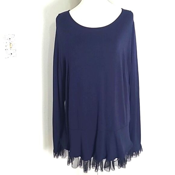 Crown & Ivy Navy Blue Top with Sheer Black Ruffles & a Gold Zipper, Size 1X - Picture 1 of 11